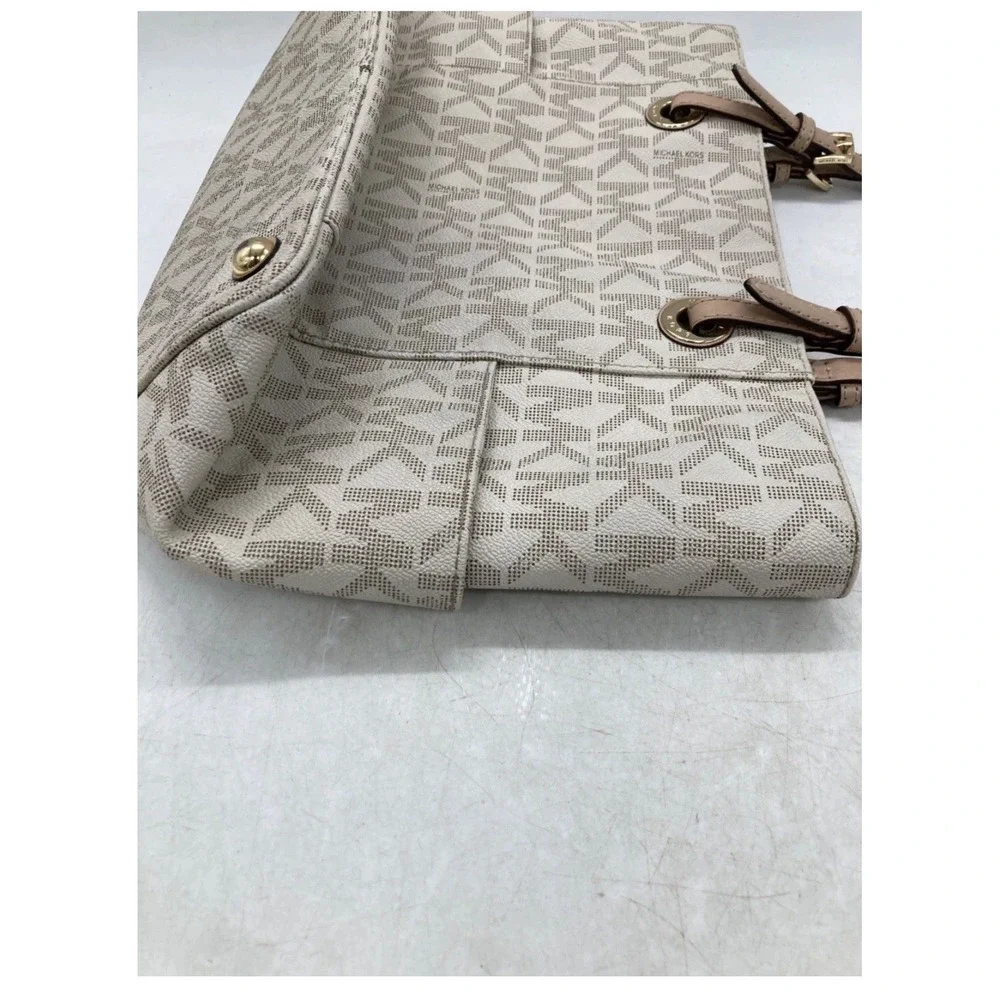 Michael Kors Signature Beige Logo Large Tote Zip Top Gold Hardware MK Charm